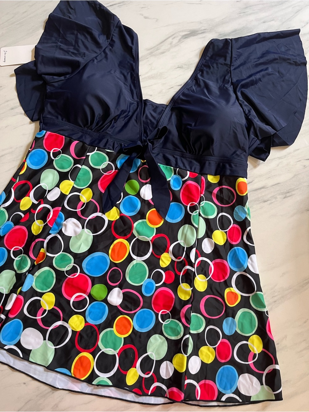 Navy & Multi-Color Polka Dot Swim Top
